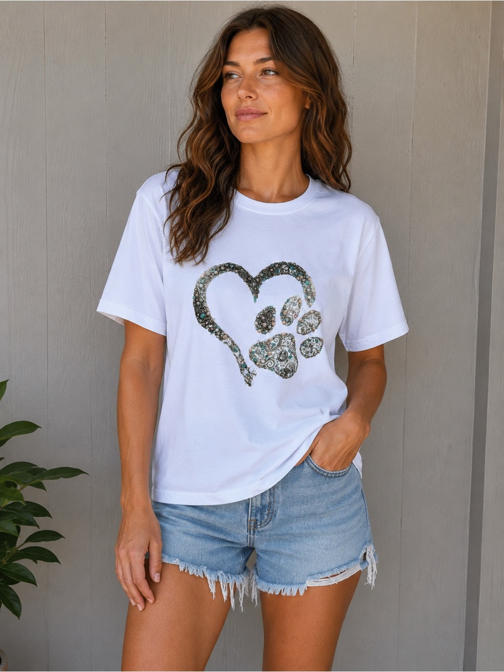 Dog Paw Heart Paw Graphic T-Shirt - White Sz XL